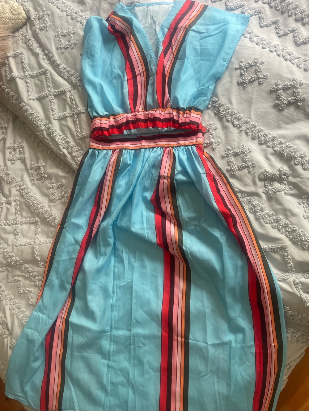 Sky-Blue V-Neck Maxi Dress with Multicolor Vertical Stripes